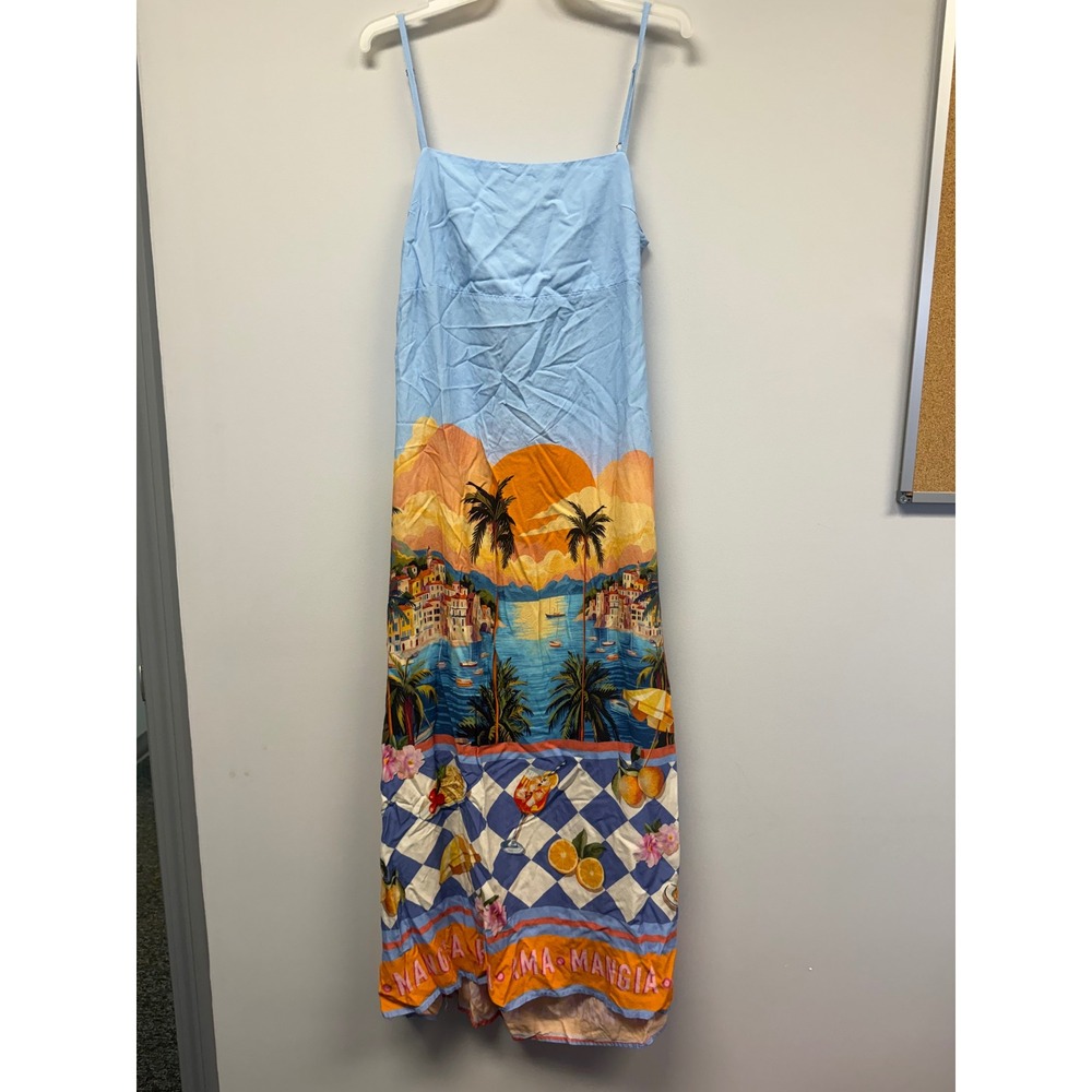 Paper Heart Womens Blue Scenic Mediterranean Print Rayon Maxi Dress Large